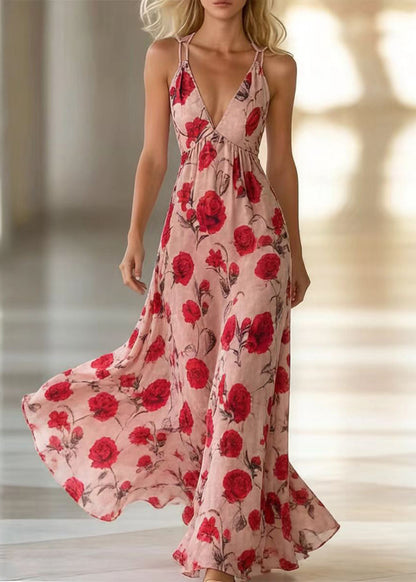 Pink Print Exra Large Hem Chiffon Vacation Dresses Summer