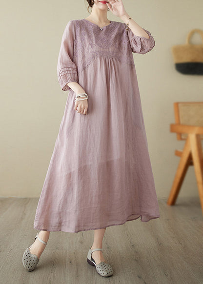 Pink O-neck Embroideried Patchwork Wrinkled Linen Long Dress Half Sleeve