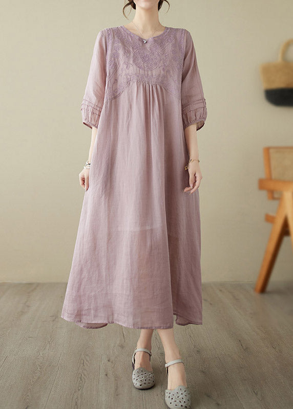 Pink O-neck Embroideried Patchwork Wrinkled Linen Long Dress Half Sleeve