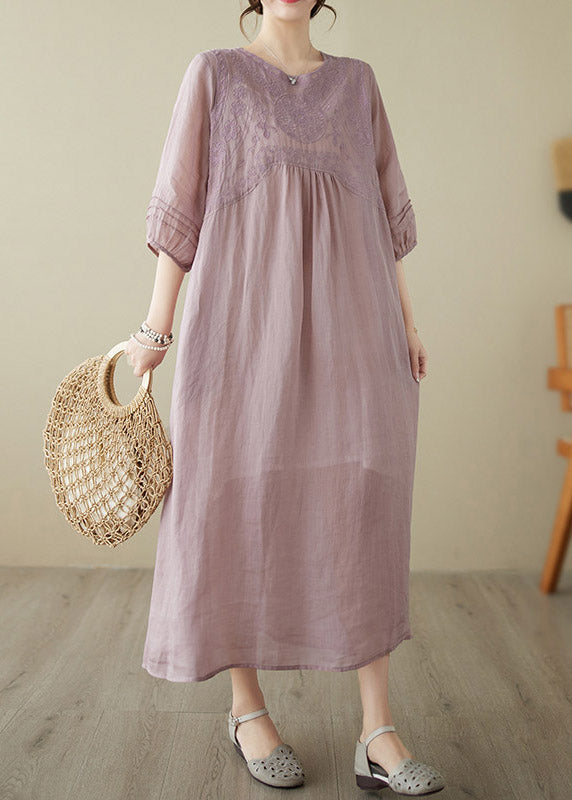 Pink O-neck Embroideried Patchwork Wrinkled Linen Long Dress Half Sleeve