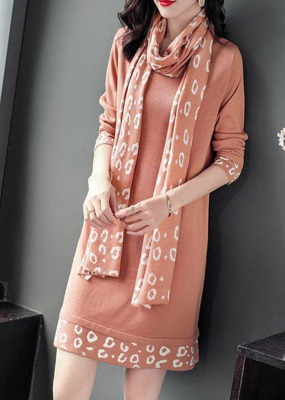 Pink O-neck Patchwork Scarf Long Knit Dress Long Sleeve