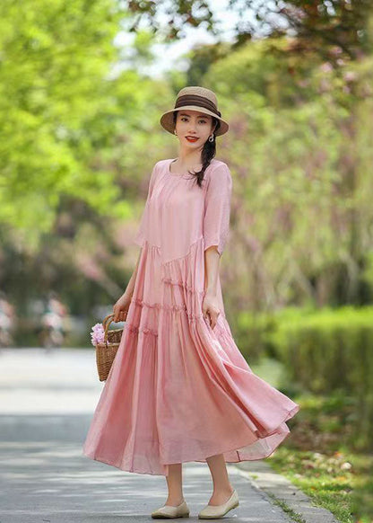 Pink O-neck Ruffled Patchwork Long Silk Dress Summer