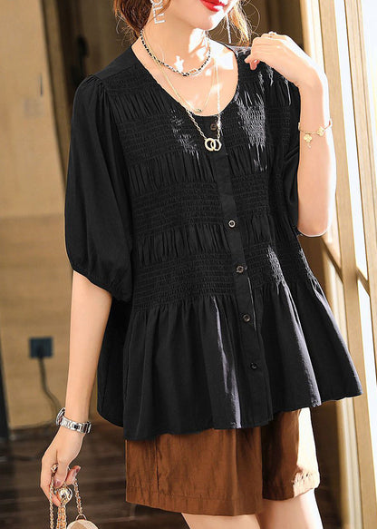 Pink O-neck Wrinkled Cotton Shirt Summer