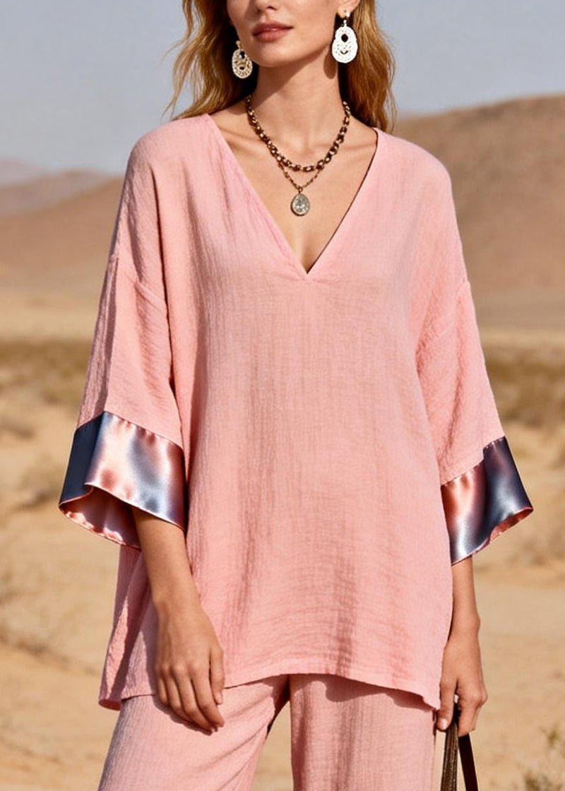 Pink Oversized Patchwork Silk Cotton Two-piece Set Spring