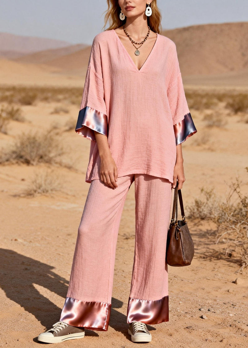 Pink Oversized Patchwork Silk Cotton Two-piece Set Spring