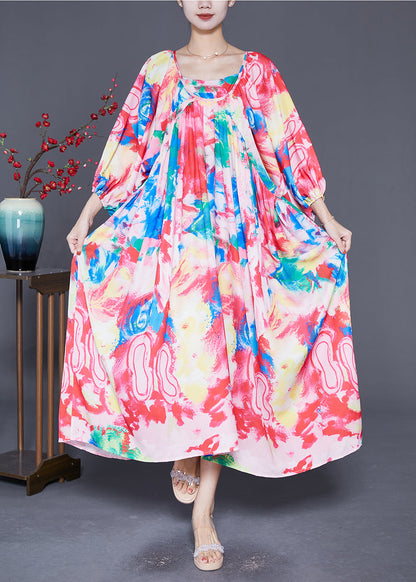 Pink Oversized Print Chiffon Beach Dresses Lantern Sleeve