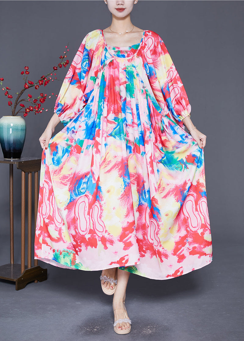Pink Oversized Print Chiffon Beach Dresses Lantern Sleeve