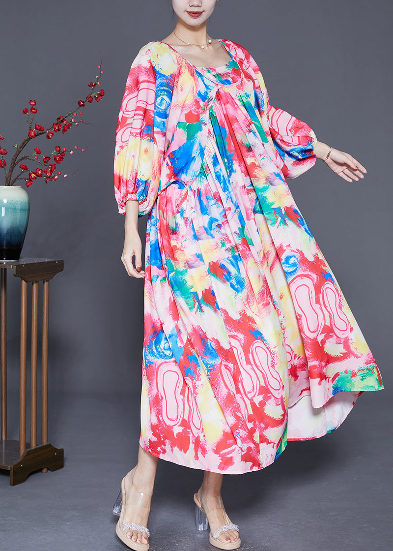 Pink Oversized Print Chiffon Beach Dresses Lantern Sleeve