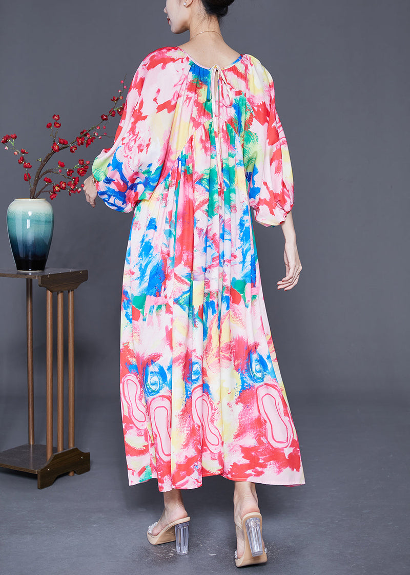 Pink Oversized Print Chiffon Beach Dresses Lantern Sleeve