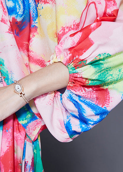 Pink Oversized Print Chiffon Beach Dresses Lantern Sleeve