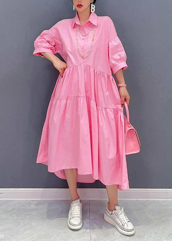 Pink Peter Pan Collar Patchwork Cotton Dress Bracelet Sleeve