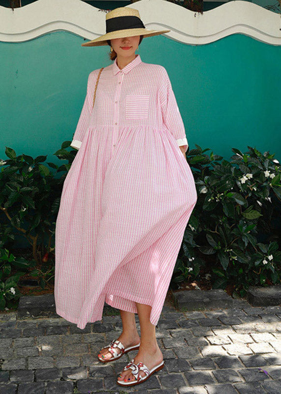 Rose Peter Pan Collar Striped Button Pockets Wrinkled Long Dresses Half Sleeve