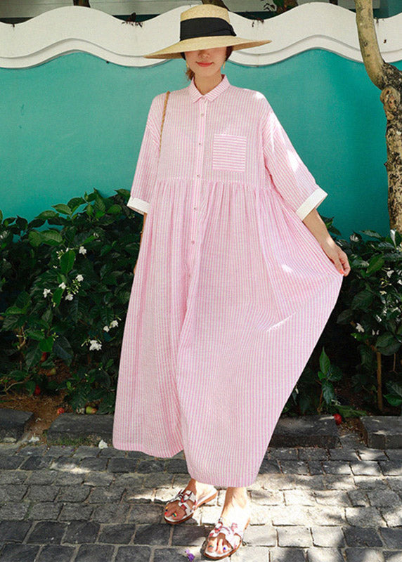 Blue Peter Pan Collar Striped Button Pockets Wrinkled Long Dresses Half Sleeve