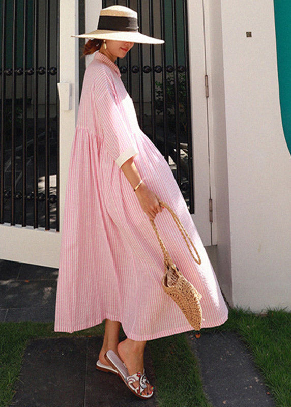 Grey Peter Pan Collar Striped Button Pockets Wrinkled Long Dresses Half Sleeve