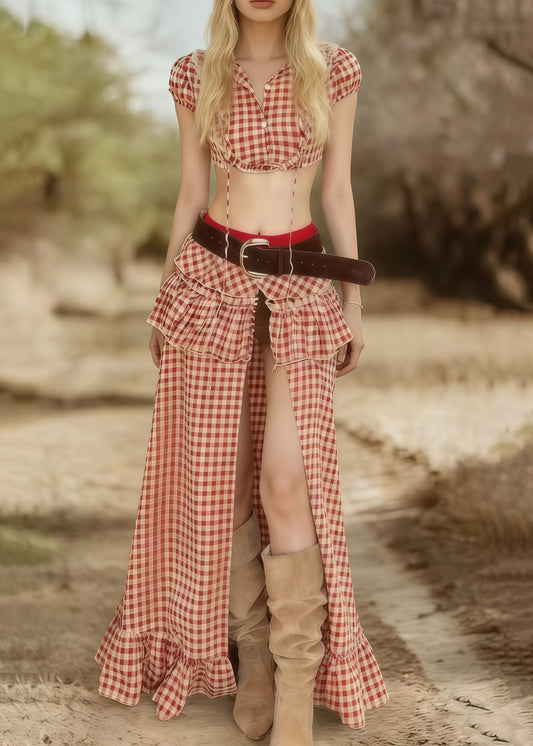 Pink Plaid Side Open Cotton Two Pieces Set Summer