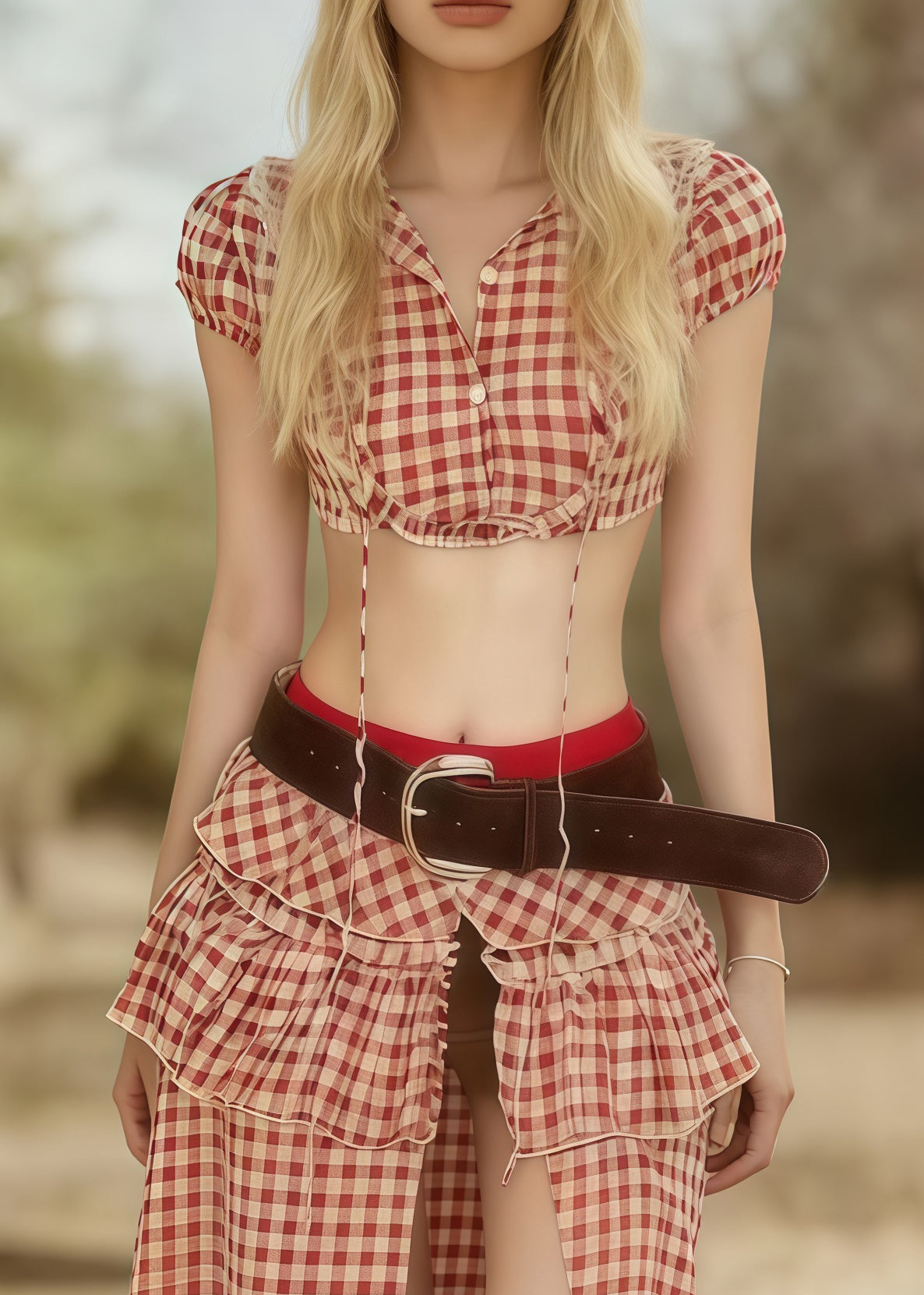 Pink Plaid Side Open Cotton Two Pieces Set Summer