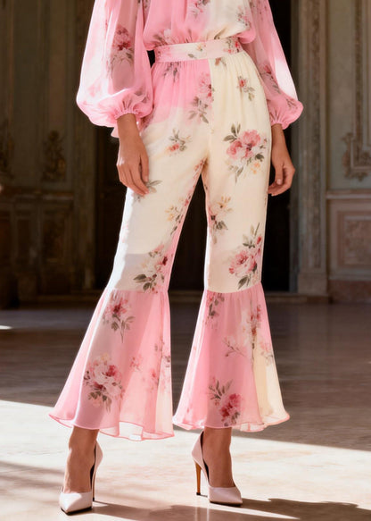 Pink Print Cold Shoulder Chiffon Shirts and Flared Trousers Two-piece Set Spring