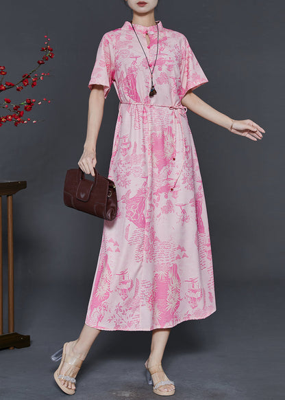 Pink Print Cotton Chinese Style Dress Summer
