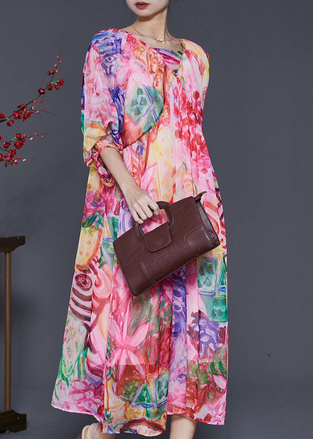 Pink Print Exra Large Hem Chiffon Dresses Lantern Sleeve