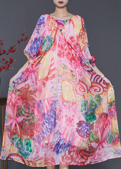 Pink Print Exra Large Hem Chiffon Dresses Lantern Sleeve