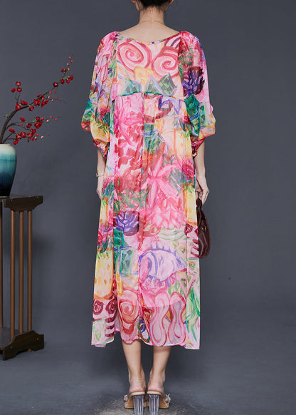 Pink Print Exra Large Hem Chiffon Dresses Lantern Sleeve