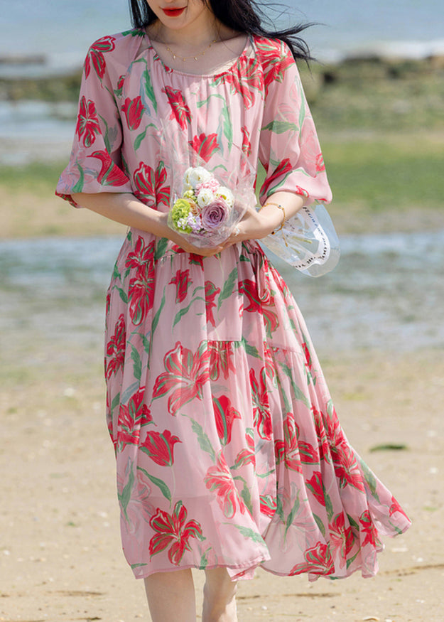 Pink Print Patchwork Chiffon Long Holiday Dress Summer