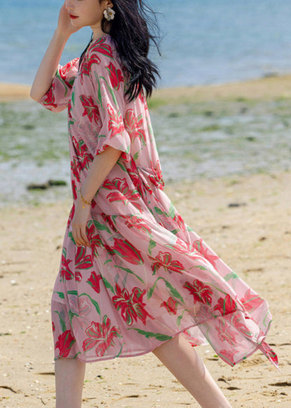 Pink Print Patchwork Chiffon Long Holiday Dress Summer