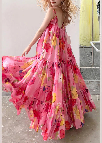 Pink Print Wrinkled Patchwork Strap Dress Summer