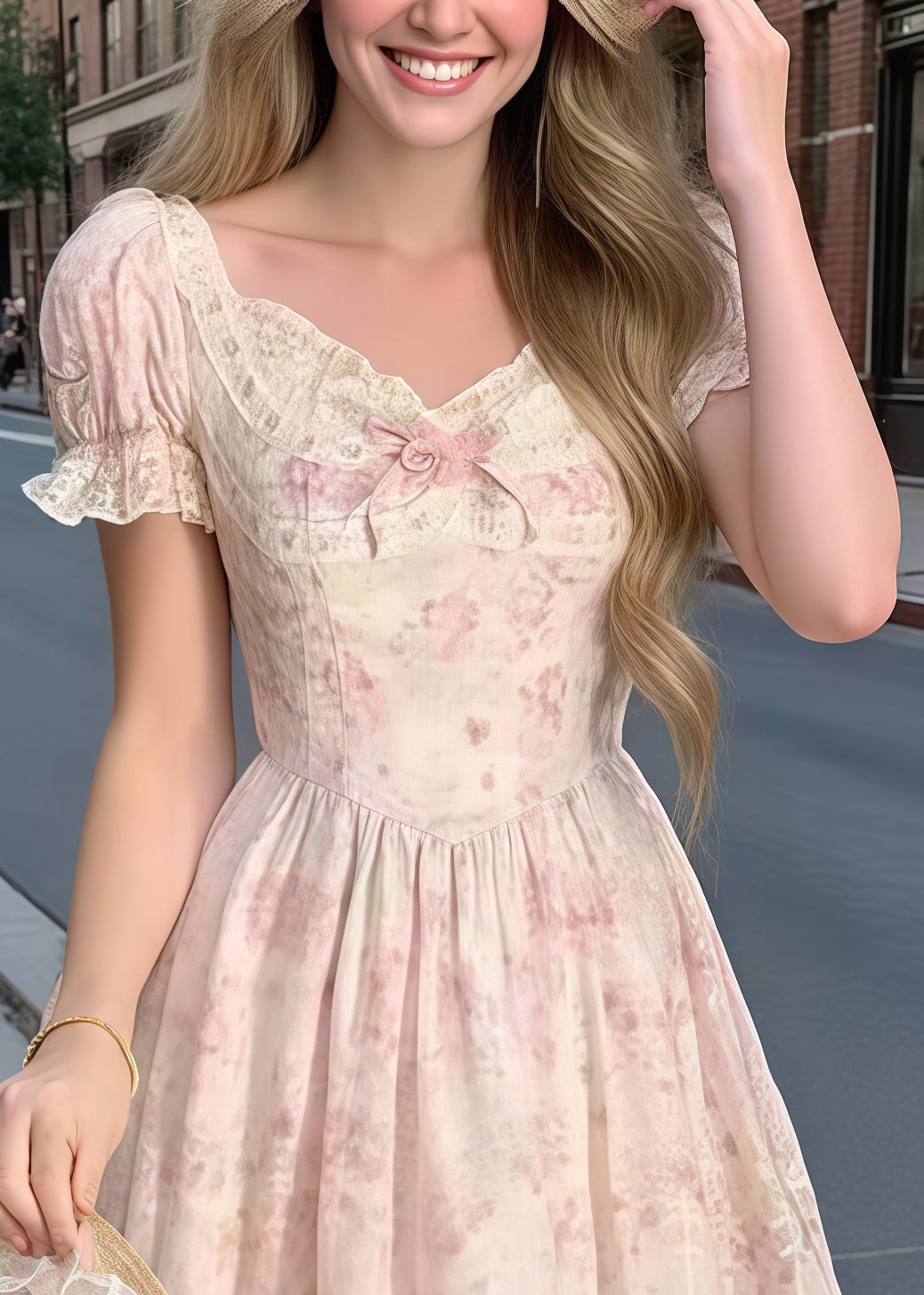 Pink Puff Sleeve Patchwork Bow Party Dress Summer