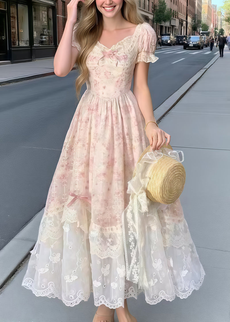 Pink Puff Sleeve Patchwork Bow Party Dress Summer