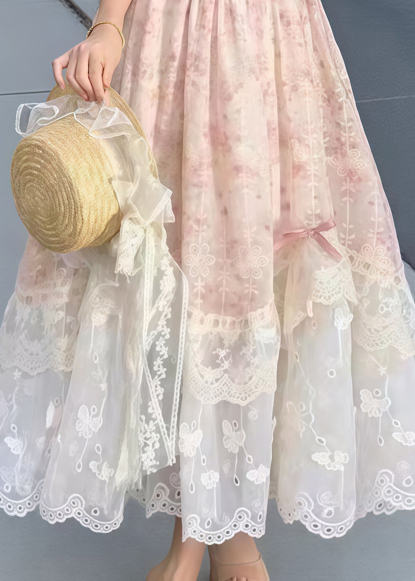 Pink Puff Sleeve Patchwork Bow Party Dress Summer