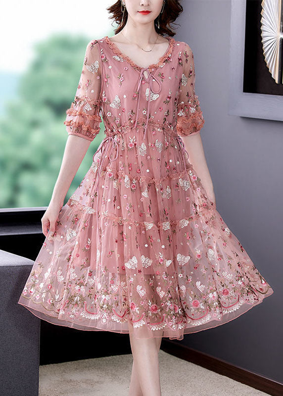 Pink Ruffled Embroideried Exra Large Hem Tulle Cinched Dress Summer