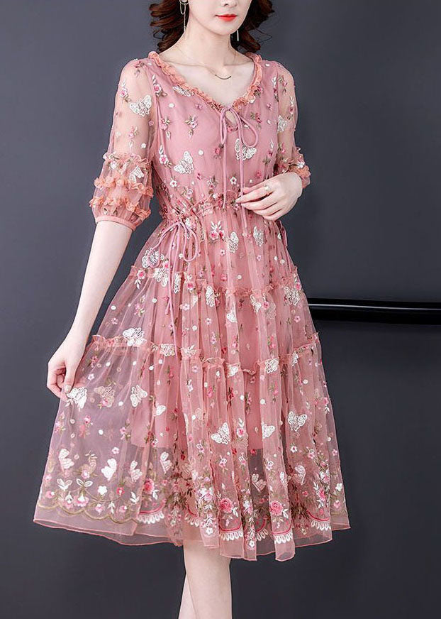 Pink Ruffled Embroideried Exra Large Hem Tulle Cinched Dress Summer