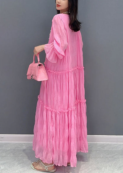 Pink Ruffled Lace Up Patchwork Chiffon Long Dress Summer