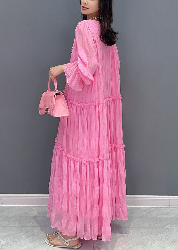 Pink Ruffled Lace Up Patchwork Chiffon Long Dress Summer