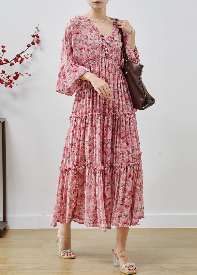 Pink Ruffled Print Chiffon Maxi Dresses Lantern Sleeve