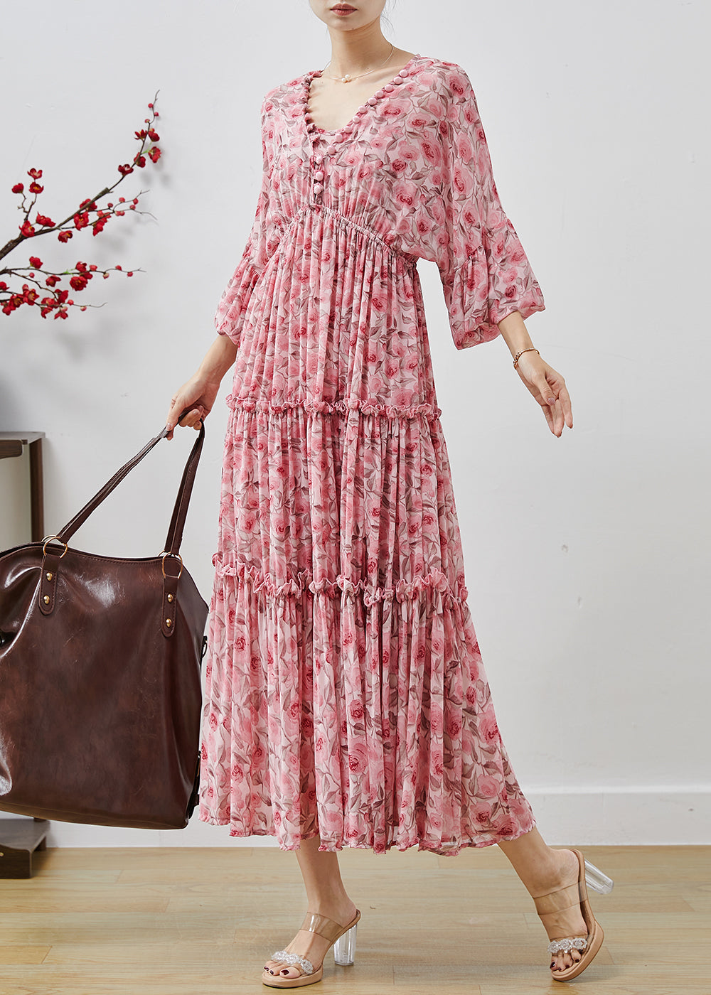 Pink Ruffled Print Chiffon Maxi Dresses Lantern Sleeve