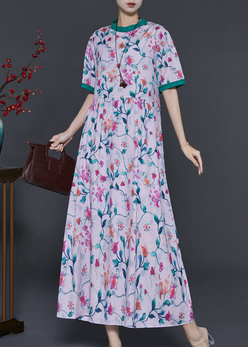 Pink Stand Collar Print Silk Long Dress Summer