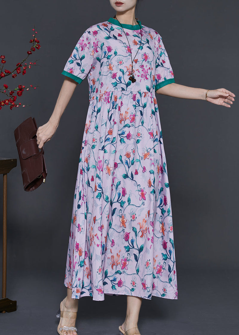 Pink Stand Collar Print Silk Long Dress Summer