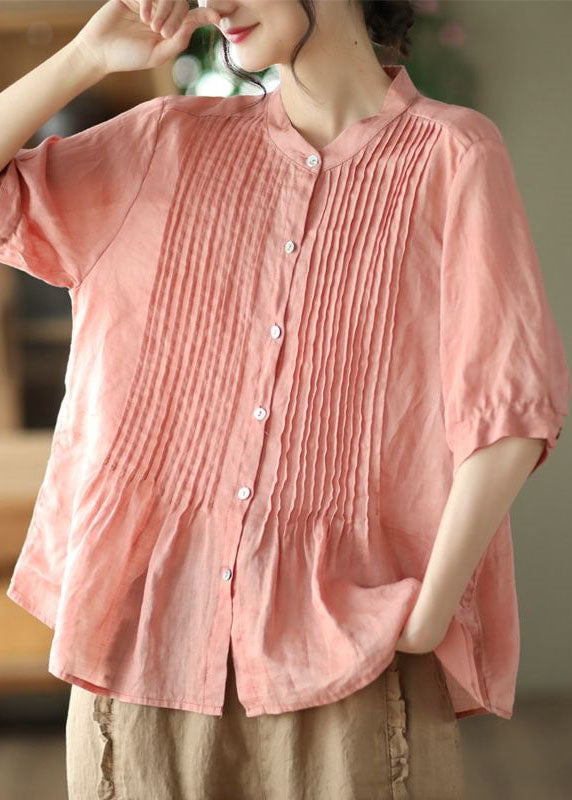 Pink Stand Collar Wrinkled Patchwork Linen Shirt Tops Summer
