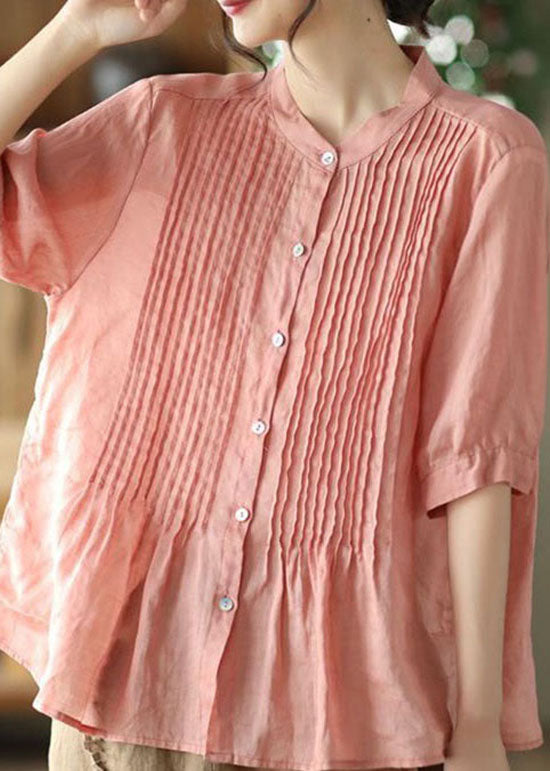 Pink Stand Collar Wrinkled Patchwork Linen Shirt Tops Summer