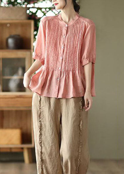 Pink Stand Collar Wrinkled Patchwork Linen Shirt Tops Summer