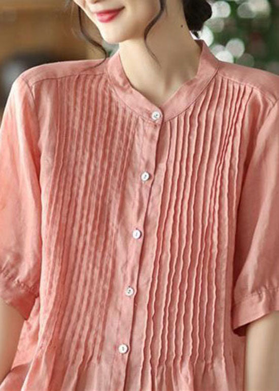 Pink Stand Collar Wrinkled Patchwork Linen Shirt Tops Summer