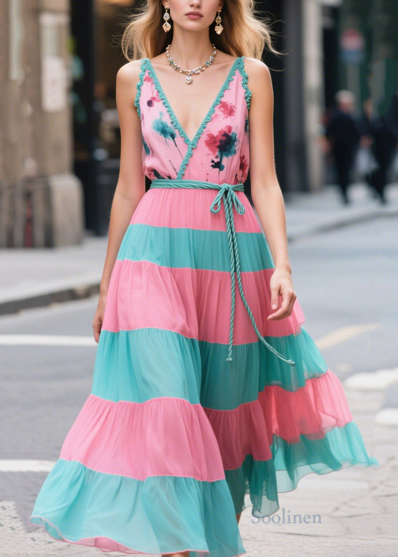 Pink Tie Waist Patchwork Chiffon Long Dresses Summer