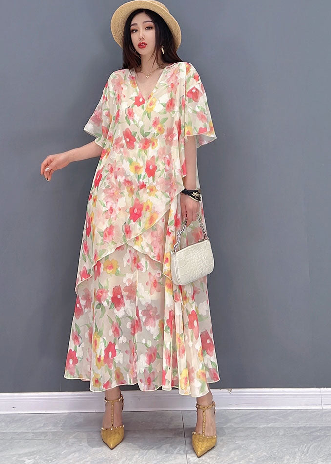 Pink V Neck Asymmetrical Design Print Chiffon Beach Dresses Short Sleeve