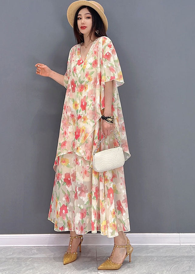 Pink V Neck Asymmetrical Design Print Chiffon Beach Dresses Short Sleeve