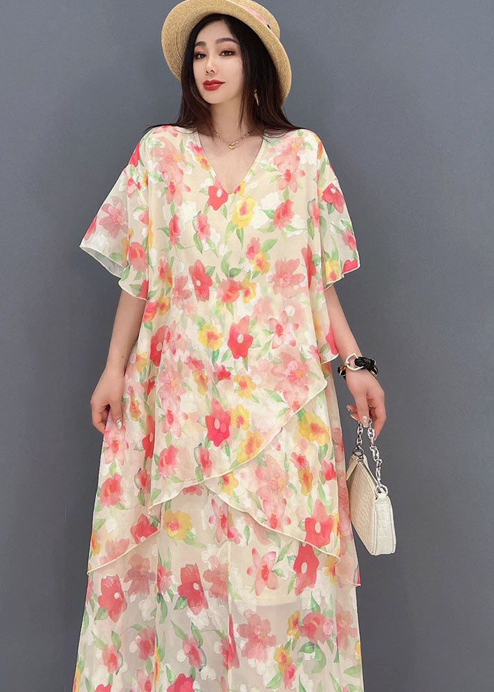 Pink V Neck Asymmetrical Design Print Chiffon Beach Dresses Short Sleeve