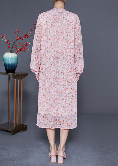 Pink V Neck Cinched Print Chiffon Beach Dress Summer
