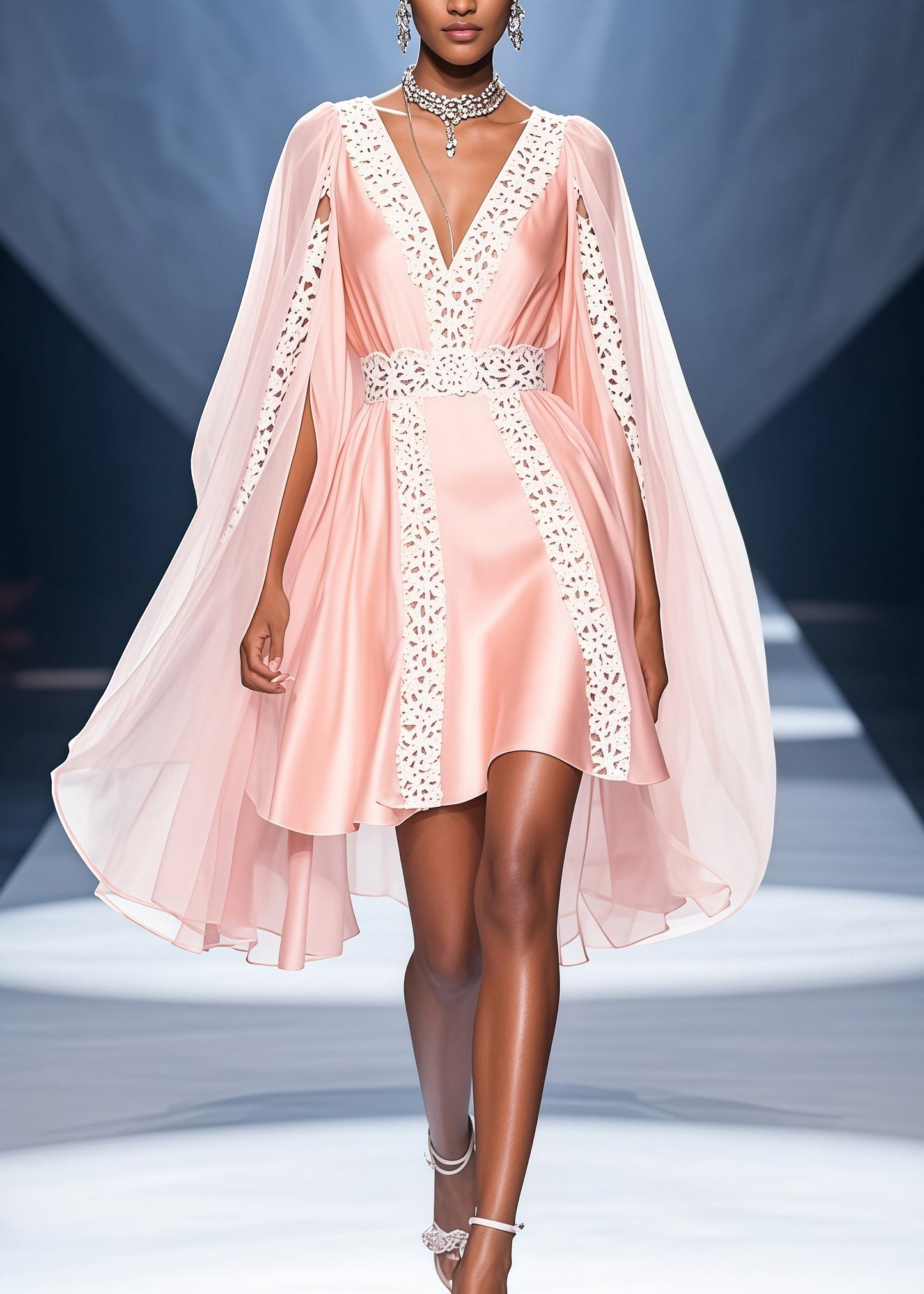Pink V Neck Lace Patchwork Cloak Silk Party Dress Summer