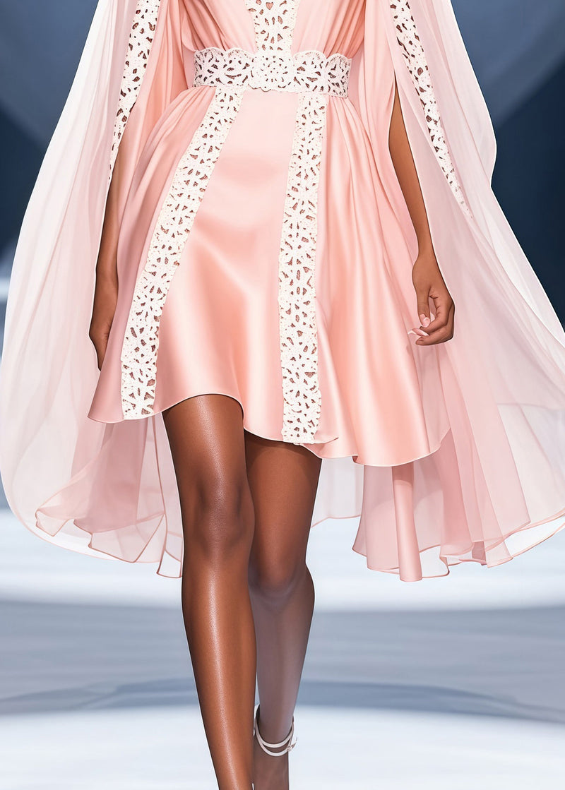 Pink V Neck Lace Patchwork Cloak Silk Party Dress Summer